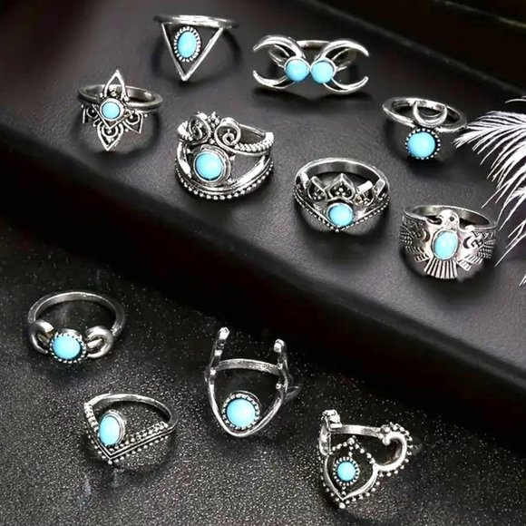 Rings Turquoise Silver Finger 11pc Gypsy Boho Hippie Stackable Trippy Stylish - Picture 2 of 4